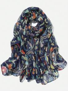 1pc Women's Tree Branch & Bird Print Scarf, Floral Print Rectangular Scarf, Floral Print Headscarf, Navy Scarf,Beach,Holiday - Navy Blue - View 6