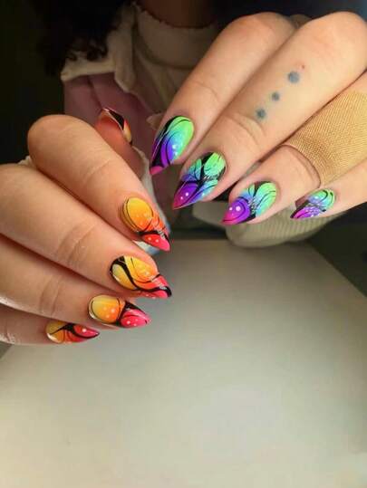 Women's Almond-Shaped Manicure With Mixed Color Combination, Featuring Colorful Tie Dye And Black Striped Pattern Design, Glossy Finish