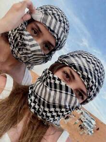 1 szt. Klasyczny szalik w kratę pustynną, unisexowy arabski szal z filtrem przeciwsłonecznym, wiatroodporny, odpowiedni do noszenia na co dzień i na zewnątrz, abaja, miękka chusta na głowę, welon damski - Czarne i Białe - Zobacz 2