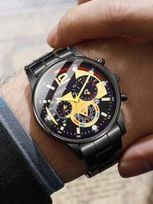 Bộ 2 đồng hồ nam thời trang công sở, dây thép đen, máy quartz, kèm vòng tay đính đá, bộ quà tặng tinh tế, phù hợp cho các lễ hội, tiệc tùng, công sở và đeo hàng ngày. - màu đen - Xem 2