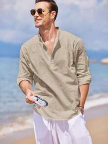 Men's Cotton Linen Long-Sleeved Shirt - 卡其色 - 查看 2
