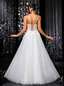 Solid Color Beaded Sequin Embroidered Mesh Sheer Umbrella Hem Backless Tie Strap Maxi Wedding Dress - White - View 2