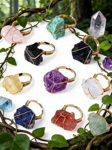 1/5/10/20 件天然原始水晶石可调节开口戒指，手工珠宝，优雅度假风格，独特礼物，不对称纹理（什锦宝石） - 彩色 - 查看 12