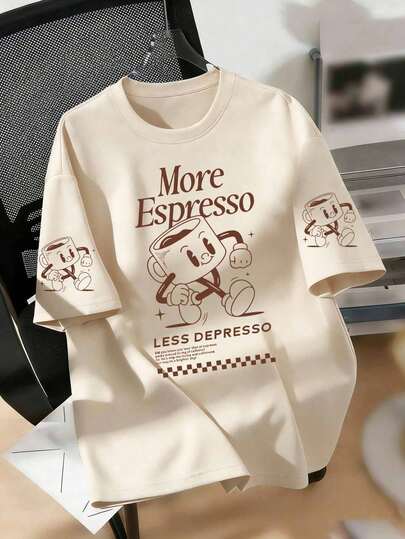 大码咖啡俱乐部图案宽松圆领短袖T恤，女士休闲夏季款，适合日常穿着、外出、聚会、上学、参加音乐节、度假、通勤等场合。可作为礼物送给家人、男友、女友、朋友、女生。