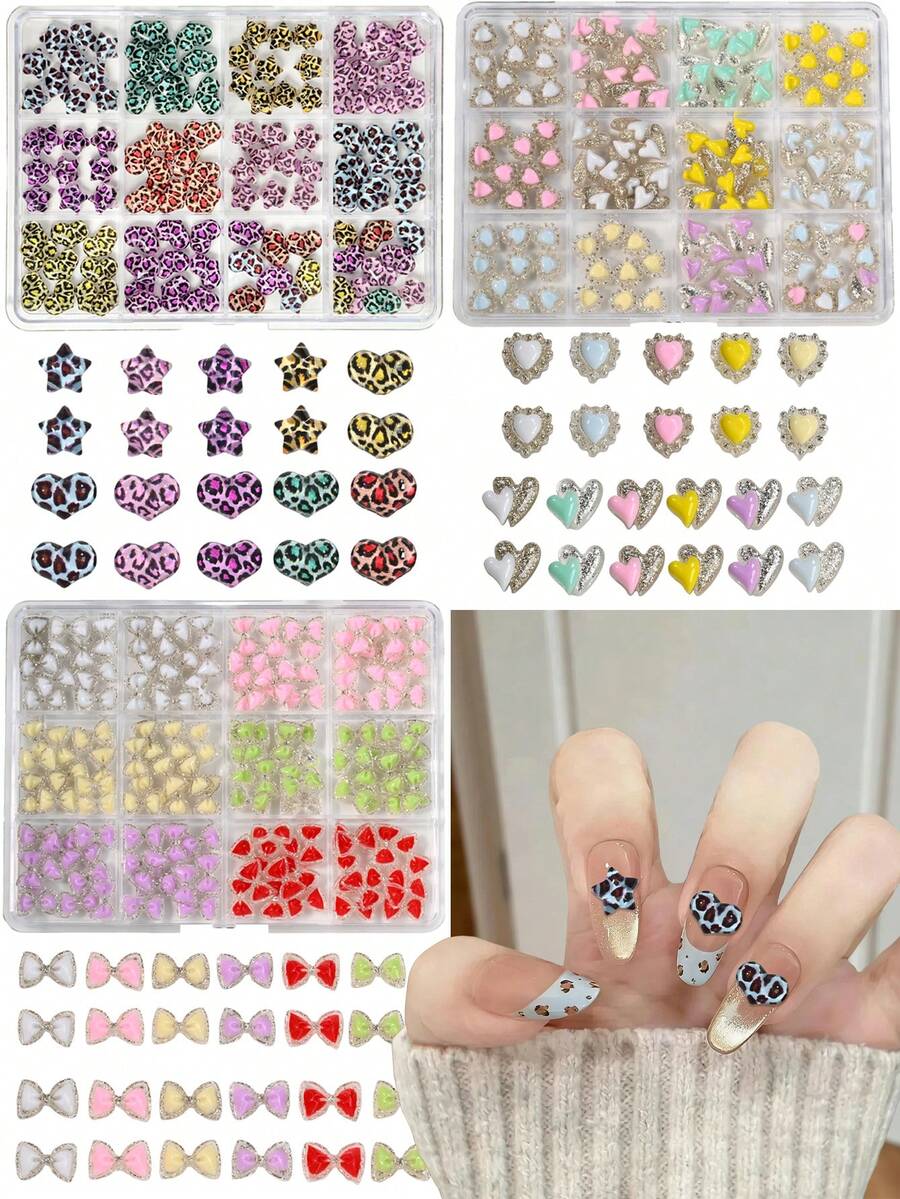 12grids 混合豹纹爱心和星星美甲饰品 - 3 种款式 3D 树脂波点爱心彩色爱心可爱美甲配件，适用于情人节、新年、圣帕特里克节、节日 - 爱心、星星和蝴蝶结形状美甲水钻装饰美甲贴纸，女士美甲用品，鞋饰蝴蝶结，按压式美甲，假指甲，美甲饰品，美甲装饰，美甲师用品