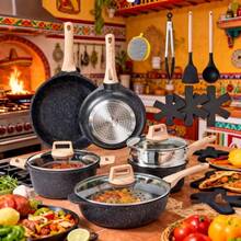 Trench Juego de utensilios de cocina antiadherentes de aluminio fundido de 16 piezas,Incluye sartén, olla, sartenes para desayuno/crepes y utensilios de silicona,apto para cocinas de gas e inducción, aptas para acampar al aire libre, picnic, viajes, un juego de ollas y sartenes antiadherentes, wok, apilables, herramientas de cocina - Negro - Ver 9