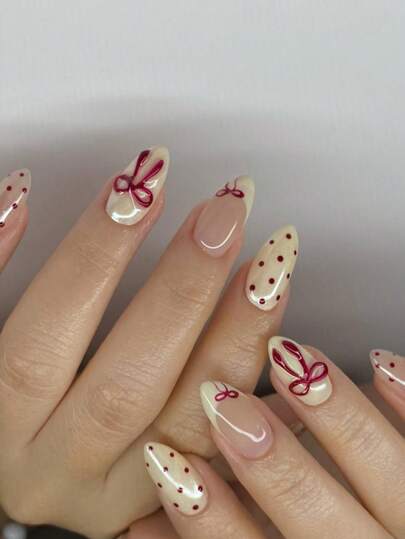 24pcs 3d Three-Dimensional Decoration Red Bowknot Decor Cherry Press On Nails Red Polka Dots False Nails French Yellow Fake Nails Medium Short Almond Shape Nails Manicure Set Includes 1sheet Adhesive Tabs & 1pc Mini File Perfect For Everyday Wvear Nail Supplies