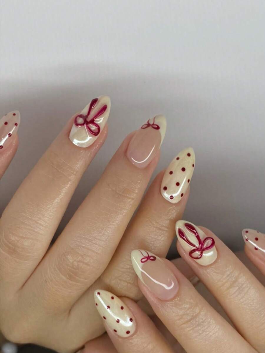 24pcs 3d Three-Dimensional Decoration Red Bowknot Decor Cherry Press On Nails Red Polka Dots False Nails French Yellow Fake Nails Medium Short Almond Shape Nails Manicure Set Includes 1sheet Adhesive Tabs & 1pc Mini File Perfect For Everyday Wvear Nail Supplies - Multicolor - View 1