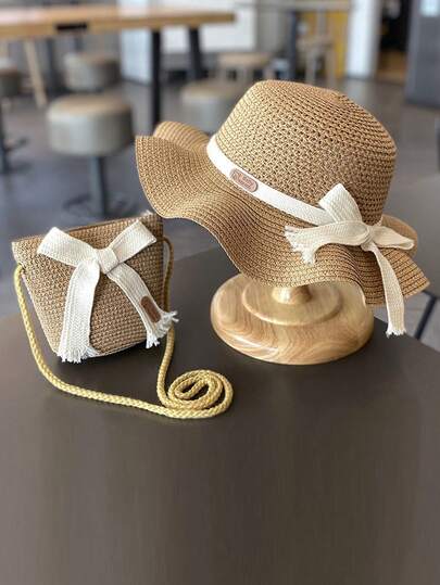 Kids Sun Protection Hat Set, Summer Girls Straw Hat & Bag, Baby Beach Sun Hat, Versatile For Girls