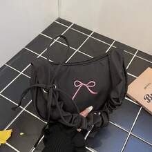 1pc White Canvas + Pink Bow Embroidery Pleated Strap Underarm Bag, Zipper Closure, Sweet Style, Suitable For Women, All Seasons - Multicolor - View 10