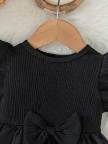 Baby Girls' Fashionable Casual Sweet Cute Bow Round Neck Cap Sleeve Mesh Dress, Summer - Black - View 4