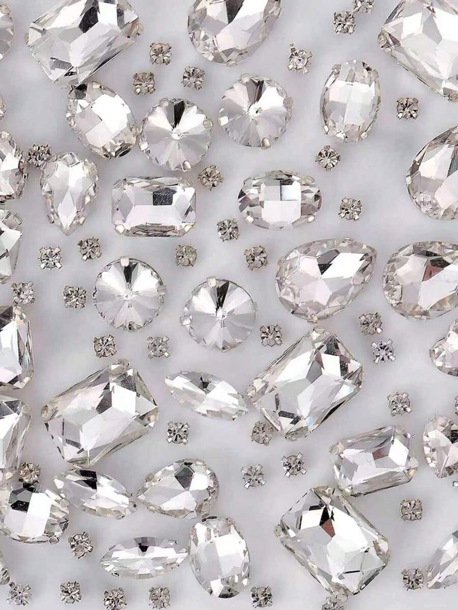 100pcs Handmade Transparent Glass Rhinestones, Various Shapes, Sew-On Crystal Gems With Silver Claw, Jewelry Making, Clothing & Shoes Crafts - White Style - View 1
