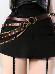 1件装女士加大码性感黑色腰链，哥特式束腰带，带铆钉和流苏，适合日常、通勤、音乐节、万圣节派对和庆祝活动。 - 咖啡棕 - 查看 3