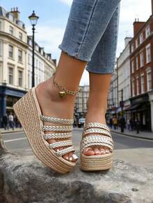 女士波西米亚风坡跟休闲凉鞋 - 金色 - 查看 1