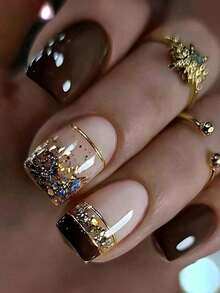 Press On Nails Short Nail, Removable Nail Art With Floral & Striped Patterns, Elegant & Fashion Fairy Nails, Nails Press On, & New Year Nails, Holiday, Party And Fall & Winter Daily Nail Supplies, Decoration, Holiday, Party - Cà phê nâu - Xem 1