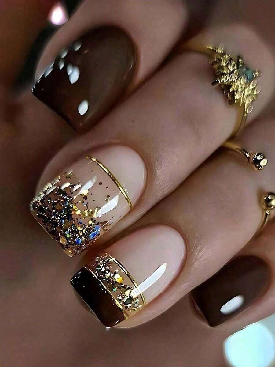 Press On Nails Short Nail, Removable Nail Art With Floral & Striped Patterns, Elegant & Fashion Fairy Nails, Nails Press On, & New Year Nails, Holiday, Party And Fall & Winter Daily Nail Supplies, Decoration, Holiday, Party - Cà phê nâu - Xem 1
