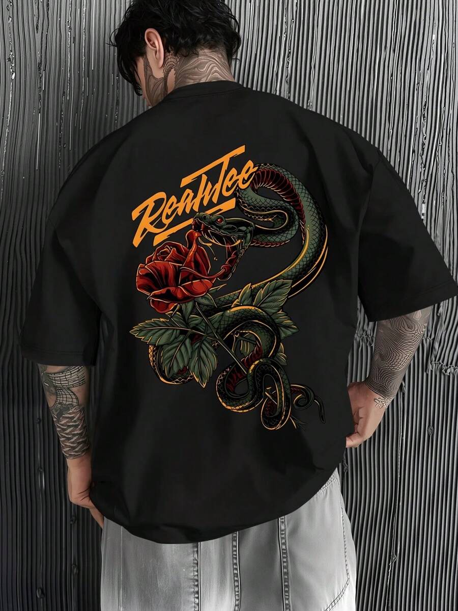 Camiseta Flor Serpente Camisa Blusa Unissex Masculino Feminino 100% Algodão Top Premium Street Wear Lançamento Envio Imediato Varias Cores!! - Preto - Visão 1