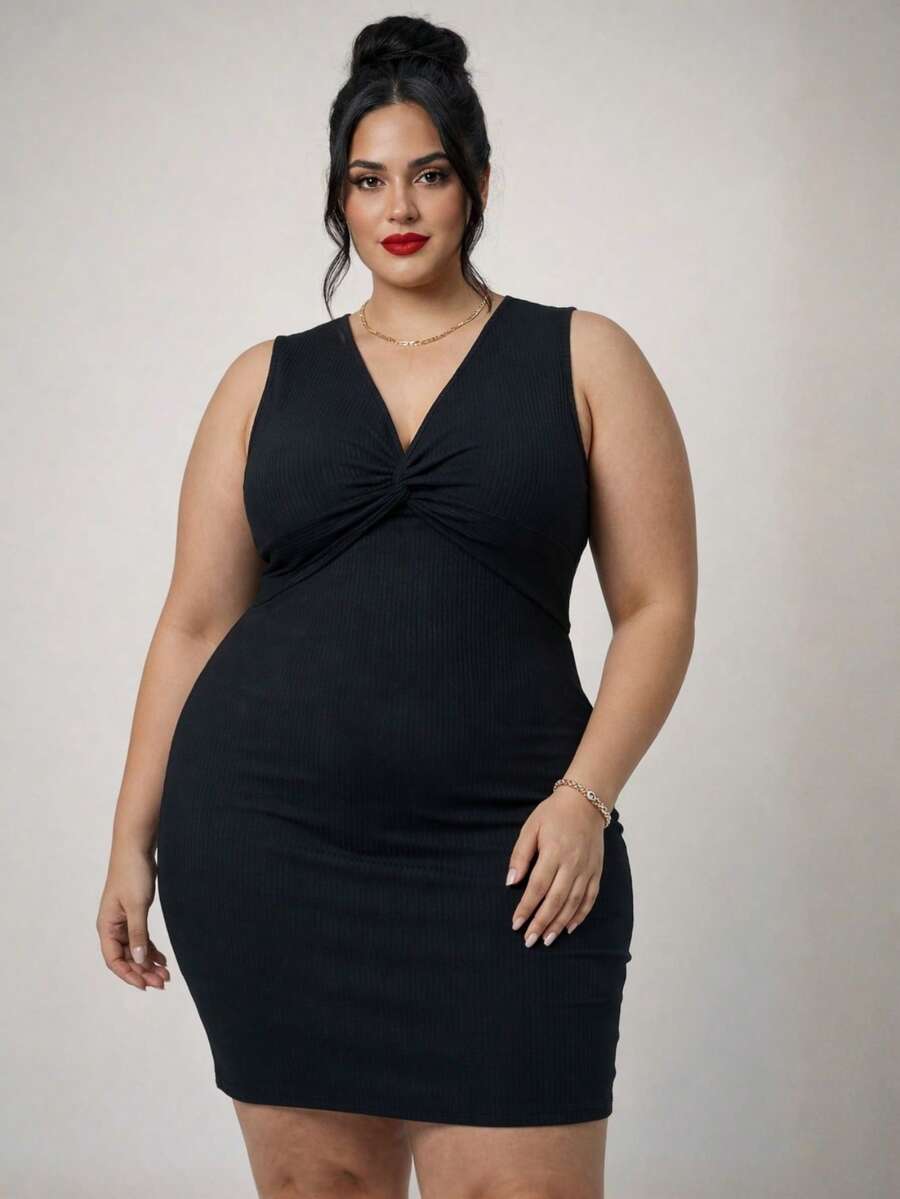 Elegant Plus Size Dress With V-Neck And Sleeveless - Black - View 1