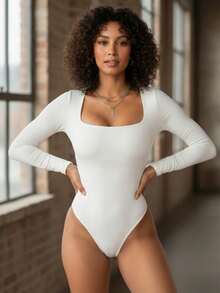 Set Of 3 Women's Bodysuits, Second Skin Style, Square Neckline, Long Sleeves, Casual Fashion, Versatile, Soft Spandex, Lined With Elastane, High Fashion Blogger Style - 海軍藍-黑-白 - 查看 2