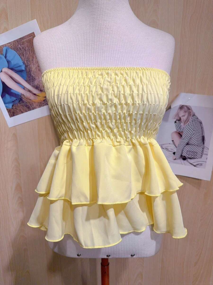 Cropped Blouse With Elastic Waistband And Ruffle - Yellow - View 1