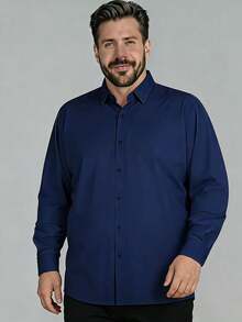Plus Size Men's Long Sleeve Shirt, Navy Blue Shirt, Fashion Solid Color Shirt Jacket For Casual Wear - Navy Blue - View 3