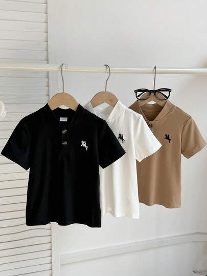 3件套男童夏季休闲百搭短袖Polo衫，白色、卡其色、黑色可选，适合日常、户外、上学、通勤、度假等场合。