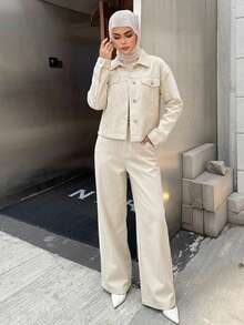 DAZY 女士纯色短款外套和裤子两件套 - 米色 - 查看 4