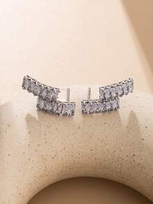 Nooxian 2pcs Minimalist Zirconia Stud Earrings For Women, New Micro-Inlaid Crystal Earrings, Unique Elegant Design - Silver - View 3