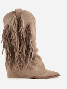 Heeled Cowboy Boots With Turn-Up Heel And Fringe - Beige - View 3