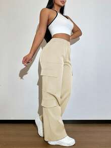 纯色多口袋纽扣休闲Y2K风优雅可爱轻便工作裤。适合返校、毕业典礼、俱乐部、生日派对、万圣节、新年、感恩节、音乐会、健身房、海滩、度假、商务、日常机场穿搭、街头风、教师节、春、夏、秋、冬等各种场合。 - 杏色 - 查看 11