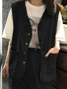 Women's Casual Sleeveless V-Neck Single-Breasted Denim Jacket, Spring/Autumn Black - Black - View 3