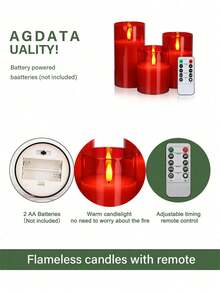 Three Realistic Flameless LED Candle Lights, Battery Powered, With Timer And Remote Control, Suitable For Home Décor, Holiday Party Decorations, Valentine's Day, Gifts, Table Decorations, And Wedding Decorations. - Red - View 8