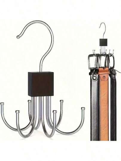 Upgraded 2-Piece Rotating Stainless Steel And Wood Belt Hanger - Multifunctional Closet Organizer For Belts, Bras, Vests, Ties, And Scarves With Space-Saving Design | Modern Minimalist Style | Stylish Metal Finish With Wooden Base