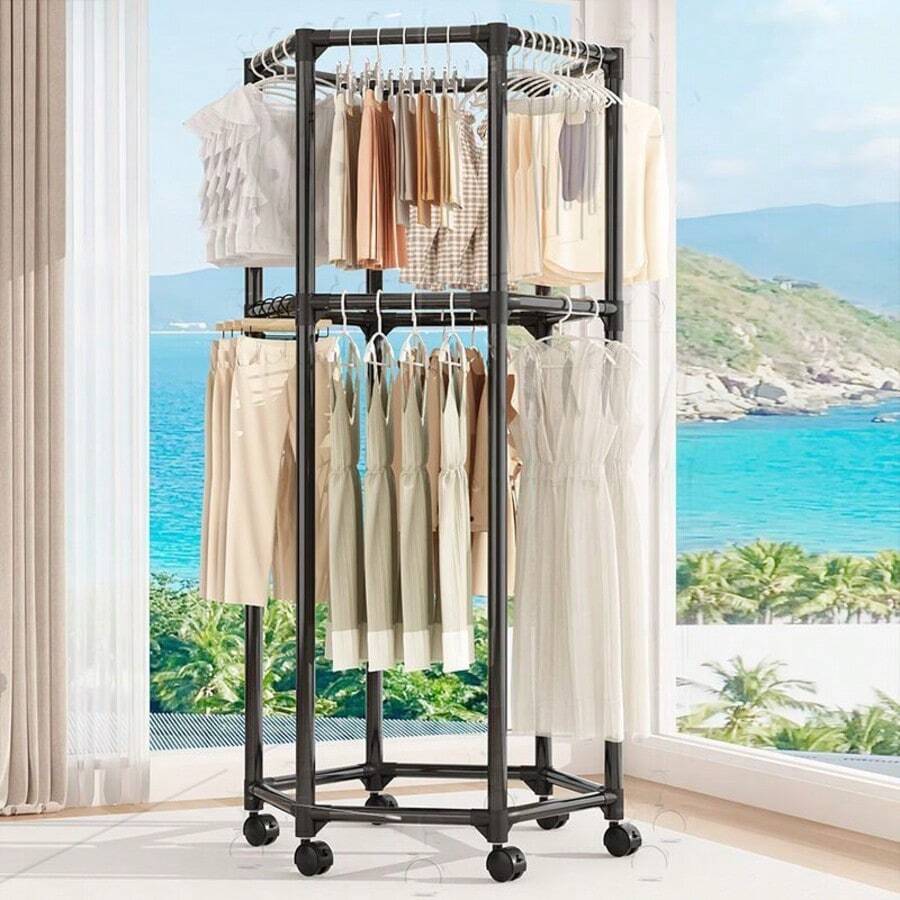 Perchero de Pie Hexagonal Giro, Perchero para Dormitorio, Cuerda de Secar Ropa Interior, Organizador Móvil de Ropa y Sombreros, Doble Capa y Desmontable