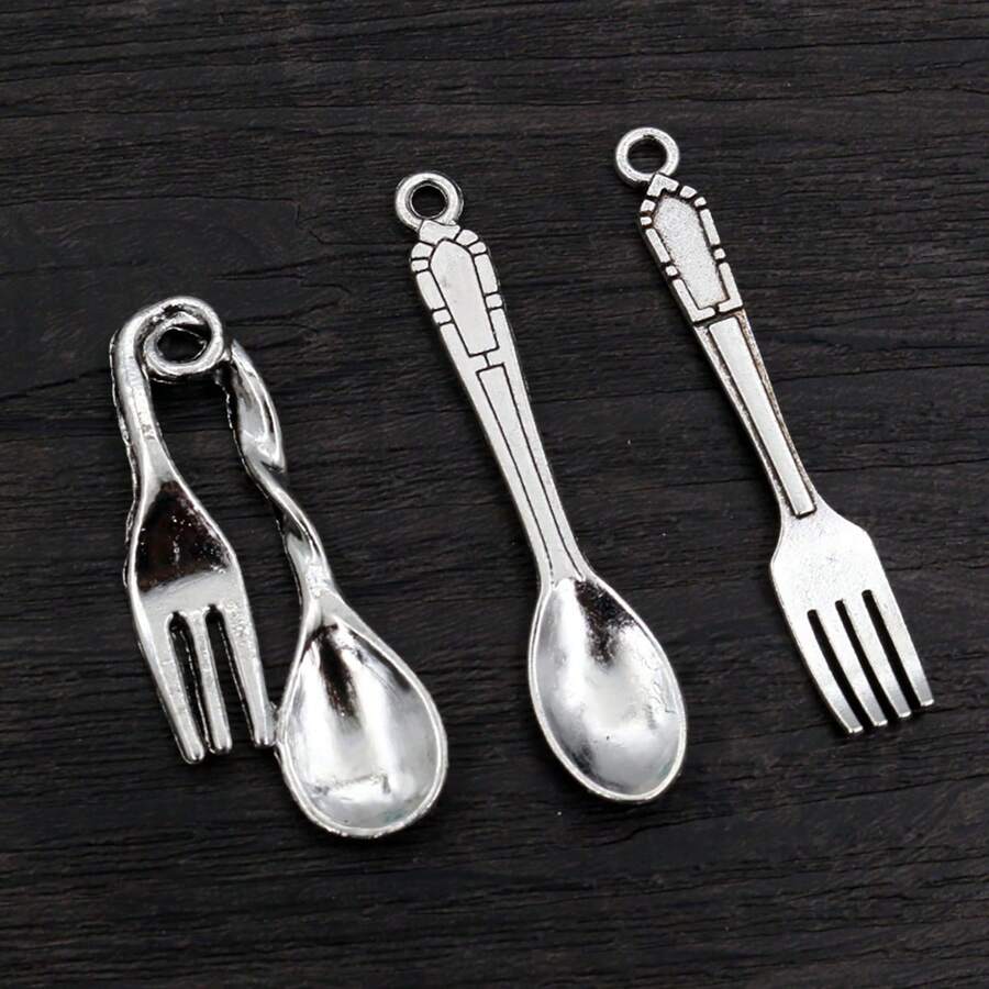 10件套勺叉餐具吊坠，仿古镀银餐具饰品，DIY珠宝制作配件 - 復古銀色 - 查看 1