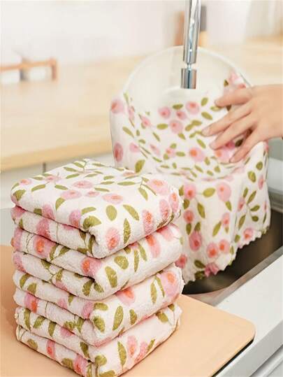 4pcs Coral Cleaning Cloths | High Absorption, Quick-Dry Microfiber Wipes, Bath, Car | Floral Square Farmhouse Style, Lint-Soft, Holidays Cleaning Set By K&A