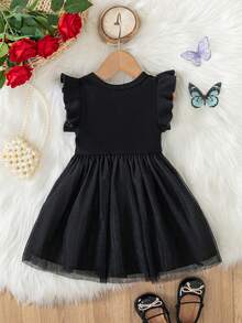 Baby Girls' Fashionable Casual Sweet Cute Bow Round Neck Cap Sleeve Mesh Dress, Summer - Black - View 3