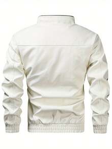 Men's Fashion PU Leather Jacket, With Motorcycle Racing Pattern, Breathable Stand-Up Collar, Zipped Long Sleeves, Side Pockets - Ideal Choice For Spring And Autumn, Autumn Jacket | Pattern PU Leather Jacket | Flexible Fitting Jacket, New Windproof Jacket With Pockets, Suitable For Casual Daily Wear, Outdoor Activities, Street Style, Stylish And Chic Jacket For Autumn And Winter Leisurewear. - 白色 - 查看 2