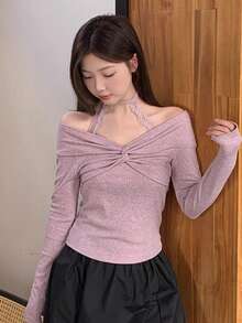 Áo kiểu ren cổ yếm tay dài thiết kế xoắn phong cách thường ngày - Màu Lilac Tím - Xem 6