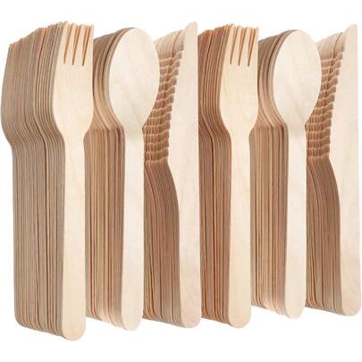 7/25/50/75/150/300 pièces Set de couverts en bois de haute qualité, fourchettes à salade et cuillères, ustensiles jetables pour fête, couverts à emporter, compostables, convenant pour poisson et frites, gâteau, baguette, dessert, salade, burger, sandwich, sushi, fruits, collations, fromage, pâtes. Parfait pour les célébrations, les fêtes, les mariages, la décoration de la maison, la cuisine, les repas, la fête des mères