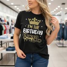 Women's Birthday Queen Graphic Tee, Cotton Short Sleeve O-Neck T-Shirt With Gold Crown Print, Casual Loose Fit Top For Party, S-5XL Sizes, Black - 黑色 - 查看 7