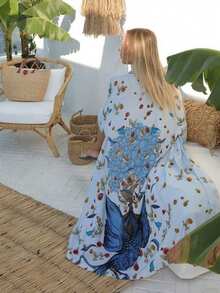 Oversized Retro Midi Kimono Cover Up, Loose Fit Beach Cover Up Swimsuit Shawl, Summer Lightweight Outerwear Spring - Baby Blue - View 6