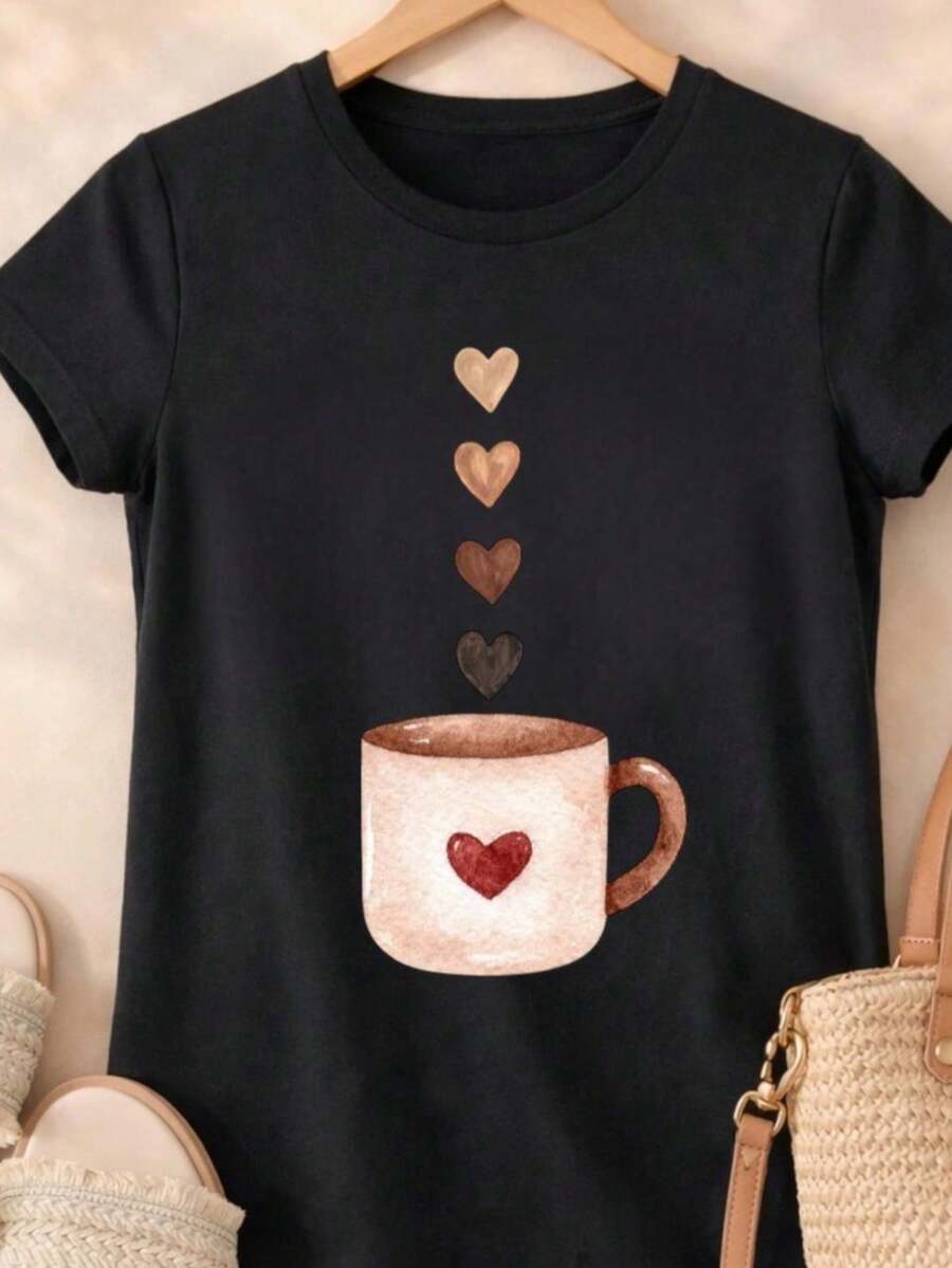 Women's Blouse With Teacup And Hearts Print, 100% Cotton, Casual And Cute, Sizes P To GG (Sizes P To GG). - 黑色 - 查看 1