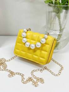 1pc Mini Girl Crinkle Plaid PU Flap Simple Versatile Pearl Handbag Shoulder Bag, Suitable For Daily Use - Yellow - View 4