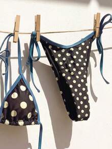 Swim Mod Bohemian Beach Vacation Bikini Two Pieces Set, Coffee & Beige Polka Dot With Contrast Tie Design Summer - Coffee Brown - View 7