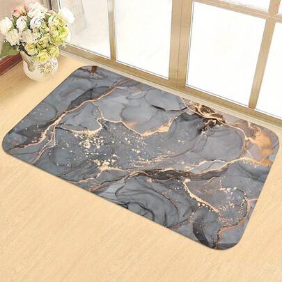 1件装黑色金色亮面大理石纹门垫，现代奢华风格，超强吸水速干防滑硅藻土浴室地垫，适用于办公室入口、厨房、客厅、走廊、浴室等场所，可水洗。