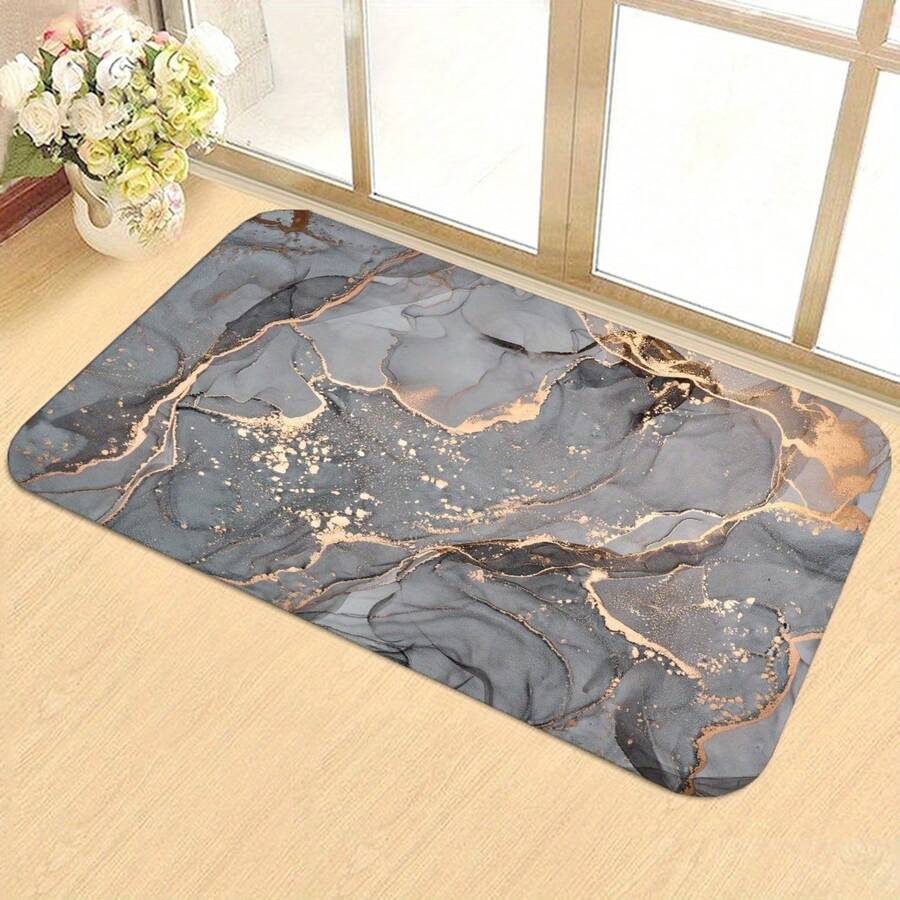 1pc Black & Gold Shiny Marble Pattern Doormat, Modern Luxury Style, Super Absorbent Quick Dry Non-Slip Diatomite Bathroom Floor Mat, Office Entrance, Kitchen, Living Room, Hallway Carpet, Bathroom Rug, Washable Area Rug - Multicolor - View 1