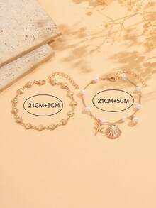 2pcs/Set Beach Vacation Ocean Style Metal Alloy Handmade Shell Chain Anklet, Faux Pearl Gold Shell Starfish Pendant Anklet Set, Fashionable Women Foot Jewelry Suitable For Daily Wear, Beach Party, Music Festival - Multicolor - View 4