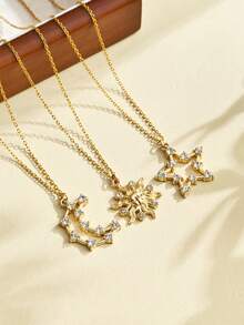 3pcs Silver Stainless Steel Star, Sun And Moon Design Friendship Necklace Set, Suitable For Women Daily Wear Or As A Vacation Or Back To School Gift - Yellow Gold - View 10