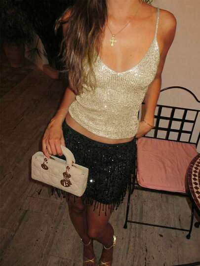 For Love & Bella Women's Casual Cute Y2K Sexy Shiny Sequin Knit Camisole Spaghetti Strap Top, Women's Summer Outgoing Holiday Party Nightclub Date Music Festival Country Music Concert, Gold/Yellow